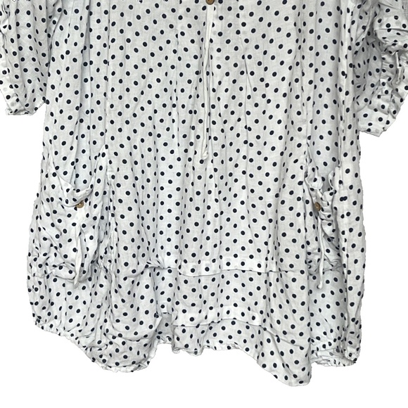 M Made In Italy Dress 100% Linen Sz L White & Blue Polka Dot Lagenlook Pullover - Picture 4 of 7